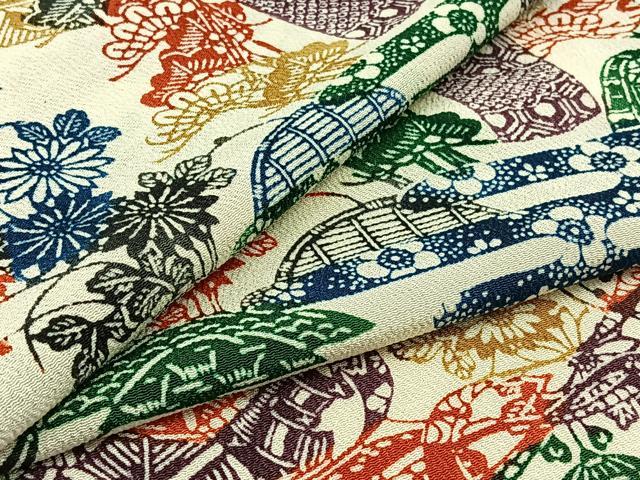 平和屋着物▽上質な小紋 単衣 型染め 風景花文 鬼しぼ縮緬 正絹 逸品 AABD6057jh