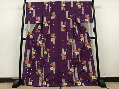 平和屋着物▽上質な小紋　単衣　草花文　ロング丈　正絹　逸品　AABD6061jh