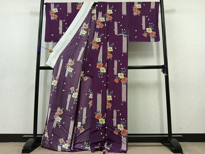 平和屋着物▽上質な小紋　単衣　草花文　ロング丈　正絹　逸品　AABD6061jh