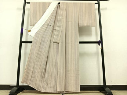 平和屋着物▽上質な小紋 単衣 縞 正絹 逸品 AABD6062jh