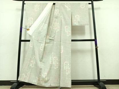 平和屋着物▽本塩沢 単衣 110亀甲 色紙花文 正絹 逸品 AABD6064jh