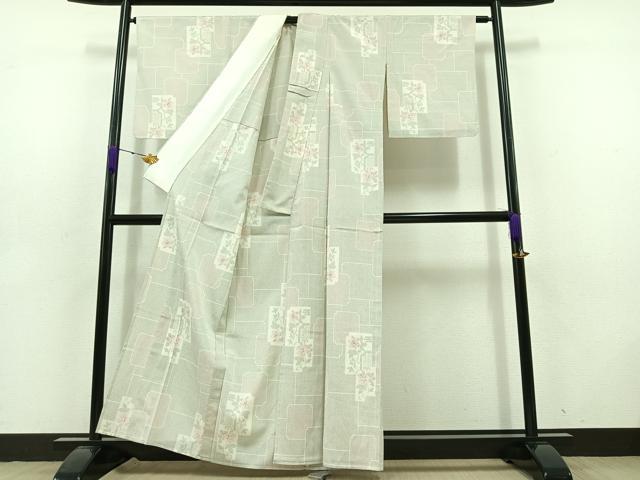 平和屋着物▽本塩沢 単衣 110亀甲 色紙花文 正絹 逸品 AABD6064jh