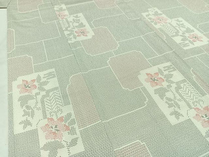 平和屋着物▽本塩沢 単衣 110亀甲 色紙花文 正絹 逸品 AABD6064jh