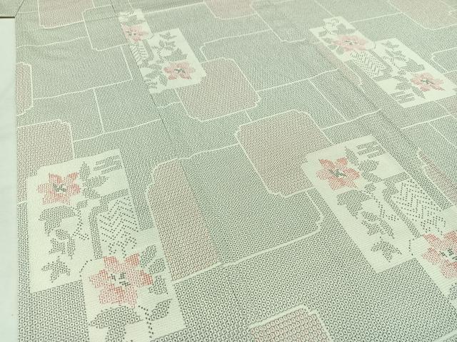 平和屋着物▽本塩沢 単衣 110亀甲 色紙花文 正絹 逸品 AABD6064jh