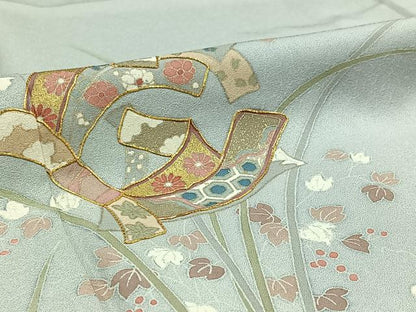 平和屋着物▽訪問着 単衣 駒刺繍 束ね熨斗花文 金彩 正絹 逸品 AABD6071jh