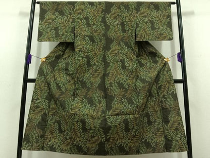 平和屋着物▽本場大島紬　単衣　草葉文　正絹　逸品　AABD6073jh