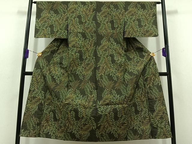 平和屋着物▽本場大島紬　単衣　草葉文　正絹　逸品　AABD6073jh