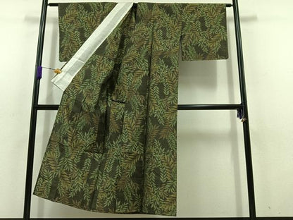 平和屋着物▽本場大島紬　単衣　草葉文　正絹　逸品　AABD6073jh
