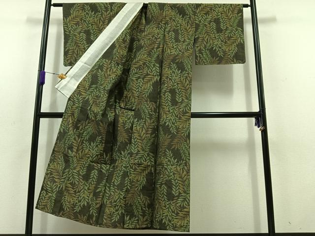 平和屋着物▽本場大島紬　単衣　草葉文　正絹　逸品　AABD6073jh