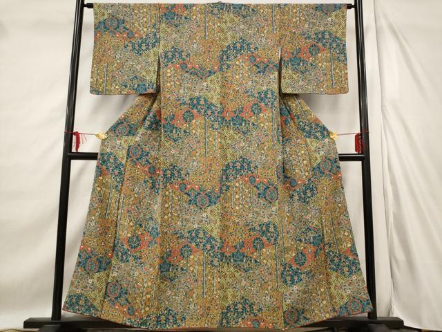 平和屋着物■上質な小紋　切嵌更紗花文　正絹　逸品　AABD6167st