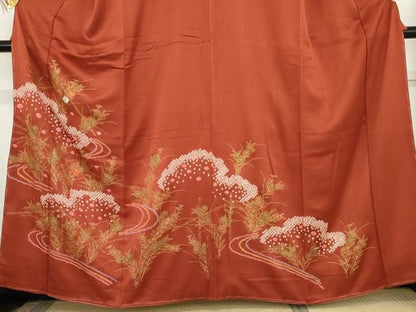 平和屋着物●訪問着 絞り 刺繍 流水枝花文 金彩 正絹 逸品 未使用 AABD6205cs