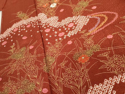 平和屋着物●訪問着 絞り 刺繍 流水枝花文 金彩 正絹 逸品 未使用 AABD6205cs