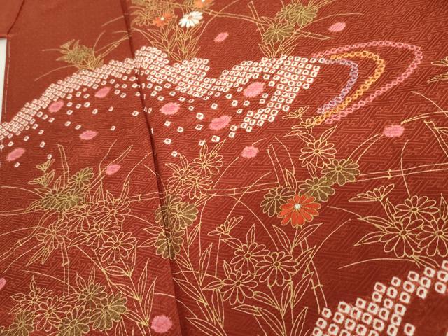 平和屋着物●訪問着 絞り 刺繍 流水枝花文 金彩 正絹 逸品 未使用 AABD6205cs