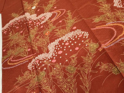 平和屋着物●訪問着 絞り 刺繍 流水枝花文 金彩 正絹 逸品 未使用 AABD6205cs