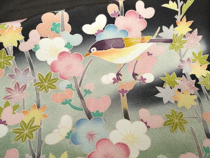 平和屋着物●豪華黒留袖　友禅　作家物　枝花に休み鳥　暈し染め　正絹　逸品　AABD6209cs