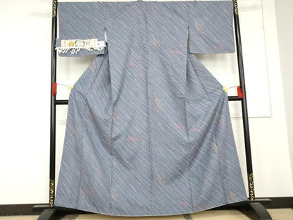 平和屋着物●結城紬　斜縞　舞花文　証紙付き　正絹　逸品　未使用　AABD6234cs