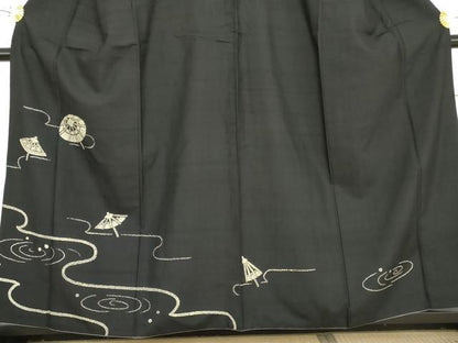平和屋着物●訪問着　紬地　番傘　黒地　正絹　逸品　AABD6240cs
