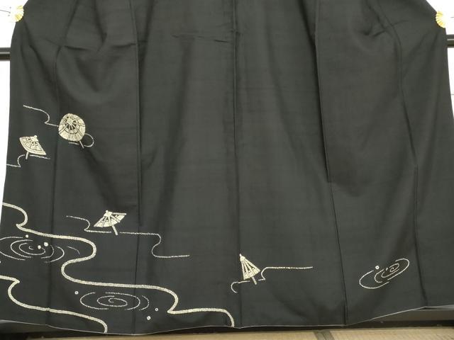 平和屋着物●訪問着　紬地　番傘　黒地　正絹　逸品　AABD6240cs