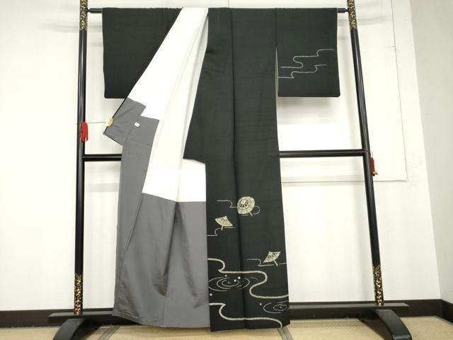 平和屋着物●訪問着　紬地　番傘　黒地　正絹　逸品　AABD6240cs