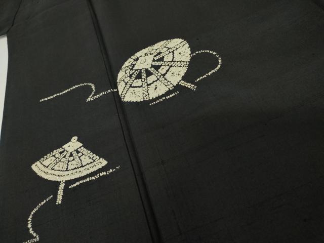 平和屋着物●訪問着　紬地　番傘　黒地　正絹　逸品　AABD6240cs