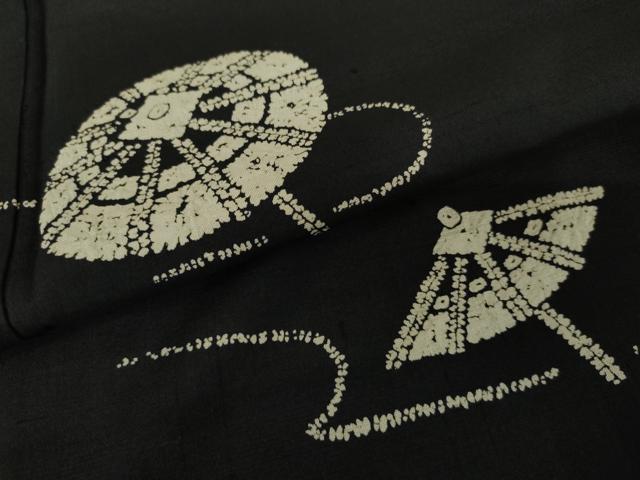 平和屋着物●訪問着　紬地　番傘　黒地　正絹　逸品　AABD6240cs