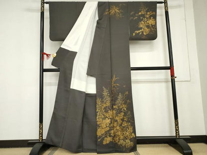 平和屋着物●訪問着 手描き 枝葉文 金彩 正絹 逸品 AABD6242cs