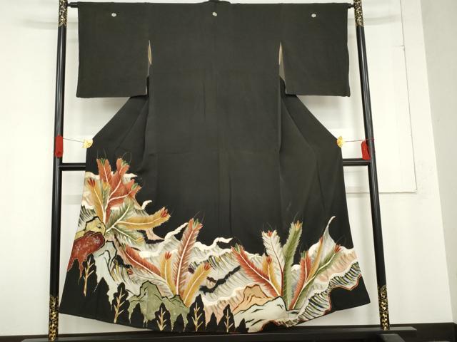 平和屋着物●アンティーク　大正ロマン　黒留袖　手描き　松　金銀彩　正絹　逸品　AABD6266cs