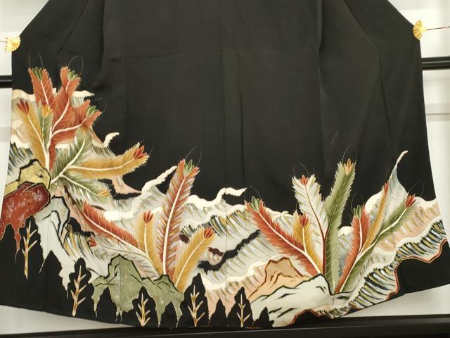 平和屋着物●アンティーク　大正ロマン　黒留袖　手描き　松　金銀彩　正絹　逸品　AABD6266cs