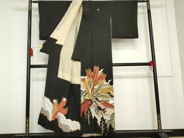 平和屋着物●アンティーク　大正ロマン　黒留袖　手描き　松　金銀彩　正絹　逸品　AABD6266cs
