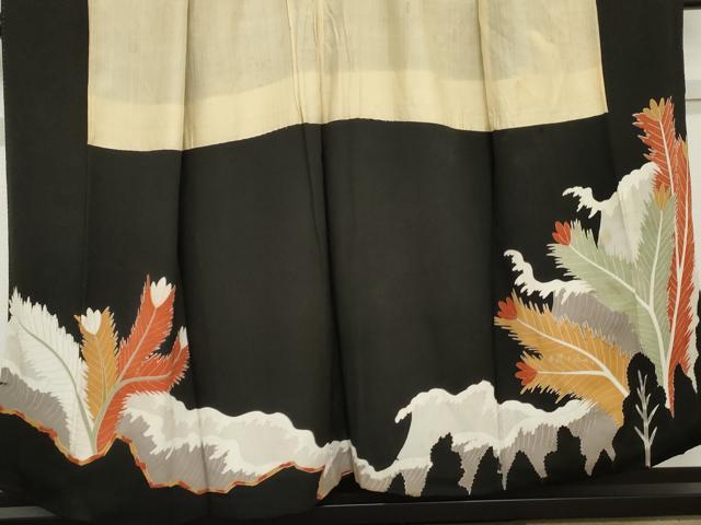 平和屋着物●アンティーク　大正ロマン　黒留袖　手描き　松　金銀彩　正絹　逸品　AABD6266cs