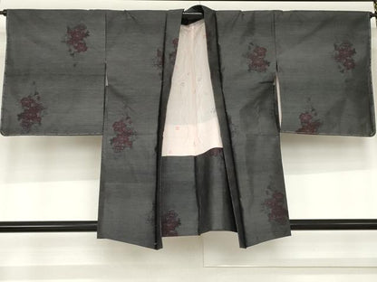 平和屋着物＃羽織　本場大島紬　草花文　黒地　正絹　逸品　未使用　AABD6285cs