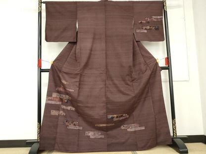 平和屋着物●訪問着 紬地 色紙重ね人物風景花松文 正絹 逸品 AABD6304cs
