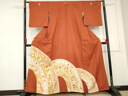平和屋着物●豪華色留袖　駒刺繍　吉祥花鈴文　金糸　金彩　正絹　逸品　AABD6322cs