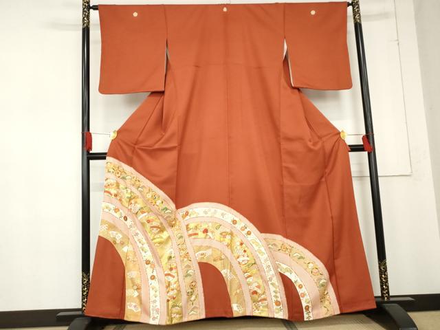 平和屋着物●豪華色留袖　駒刺繍　吉祥花鈴文　金糸　金彩　正絹　逸品　AABD6322cs