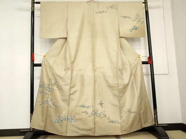 平和屋着物○訪問着 紬地 作家物 手描き 花鳥文 鶉 正絹 逸品