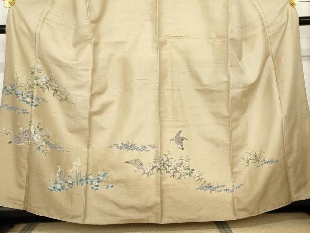 平和屋着物○訪問着 紬地 作家物 手描き 花鳥文 鶉 正絹 逸品