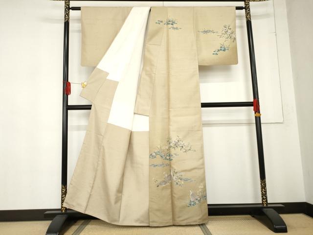 平和屋着物○訪問着 紬地 作家物 手描き 花鳥文 鶉 正絹 逸品