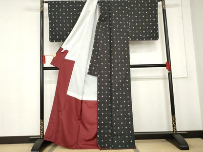 平和屋着物●小紋　チェス柄　洗える着物　未使用　AABD6337cs