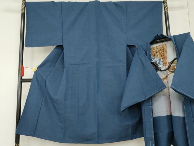 平和屋着物▽男性 紬 アンサンブル 単衣 色無地 瑠璃色 未使用 AABD6363cs
