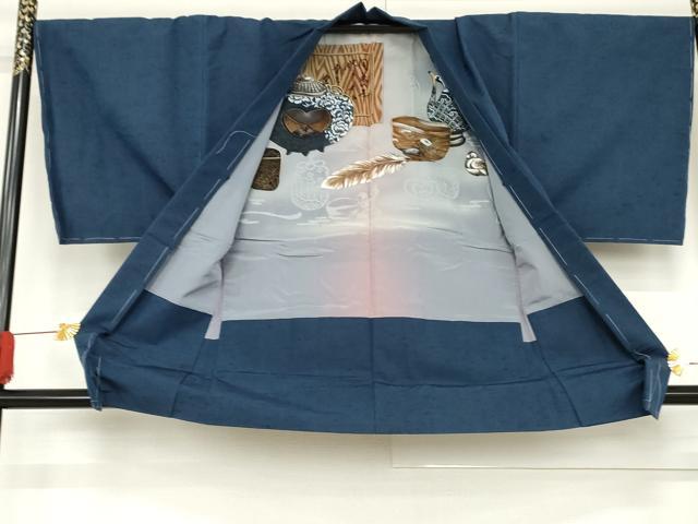 平和屋着物▽男性 紬 アンサンブル 単衣 色無地 瑠璃色 未使用 AABD6363cs