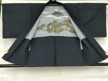 平和屋着物●男性 紬 アンサンブル 色無地 濃藍色 正絹 逸品 未使用 AABD6384cs