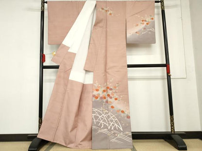 平和屋着物●訪問着　紬地　刺繍　立波枝花文　金彩　正絹　逸品　AABD6397cs