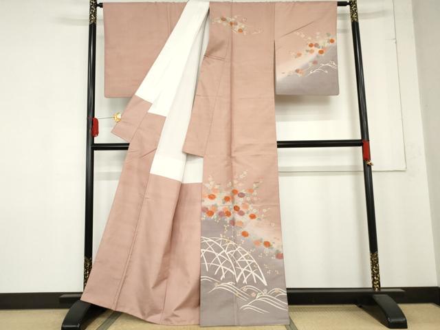 平和屋着物●訪問着　紬地　刺繍　立波枝花文　金彩　正絹　逸品　AABD6397cs