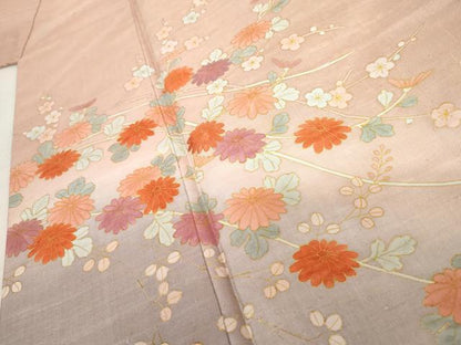 平和屋着物●訪問着　紬地　刺繍　立波枝花文　金彩　正絹　逸品　AABD6397cs