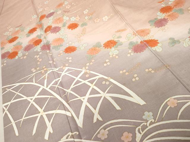 平和屋着物●訪問着　紬地　刺繍　立波枝花文　金彩　正絹　逸品　AABD6397cs