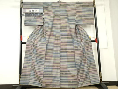 平和屋着物●桔梗紬 横段文 反端付き 正絹 逸品 AABD6407cs