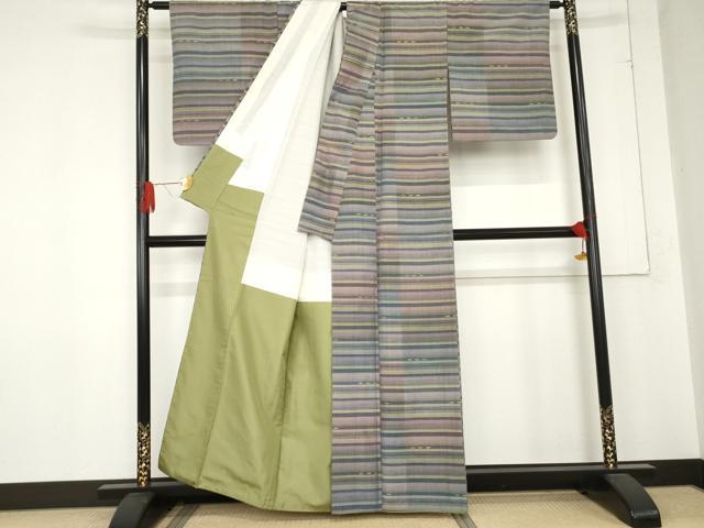平和屋着物●桔梗紬 横段文 反端付き 正絹 逸品 AABD6407cs
