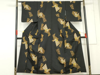 平和屋着物●上質な紬　花唐草文　楓　黒地　正絹　逸品　AABD6410cs