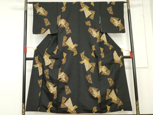 平和屋着物●上質な紬　花唐草文　楓　黒地　正絹　逸品　AABD6410cs