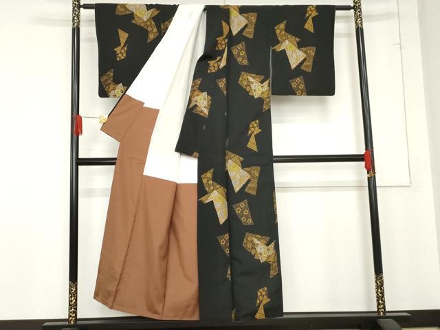 平和屋着物●上質な紬　花唐草文　楓　黒地　正絹　逸品　AABD6410cs